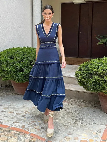 Tassel Spliced Print Ruffles Long Dress V Neck Sleeveless A-line Robe Lady Holiday Robe