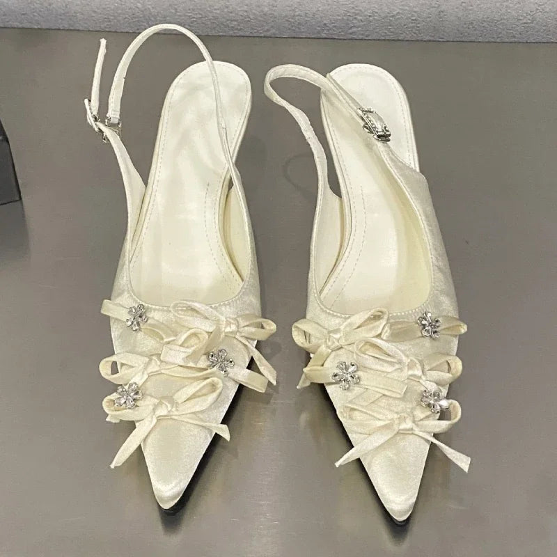 Designer Pointed Toe Thin High Heels Butterflyknot Slingback Sandals Female Party Dress Shoes Pumps