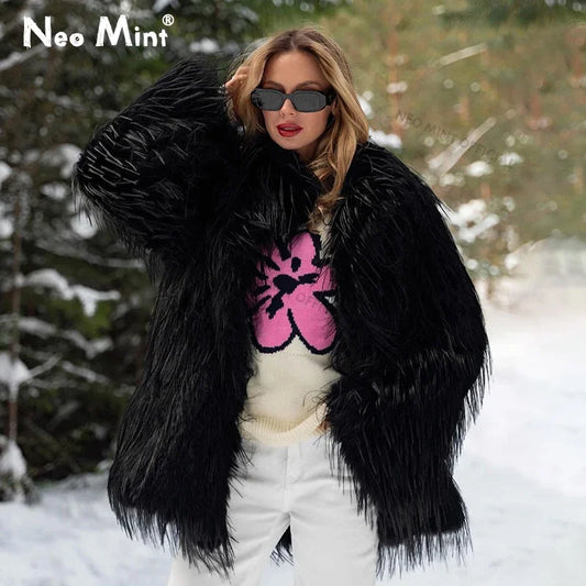 Winter Furry Faux Fur Coat Long Brand Tassels Fluffy Fur Jacket Female Super Warm Overcoat