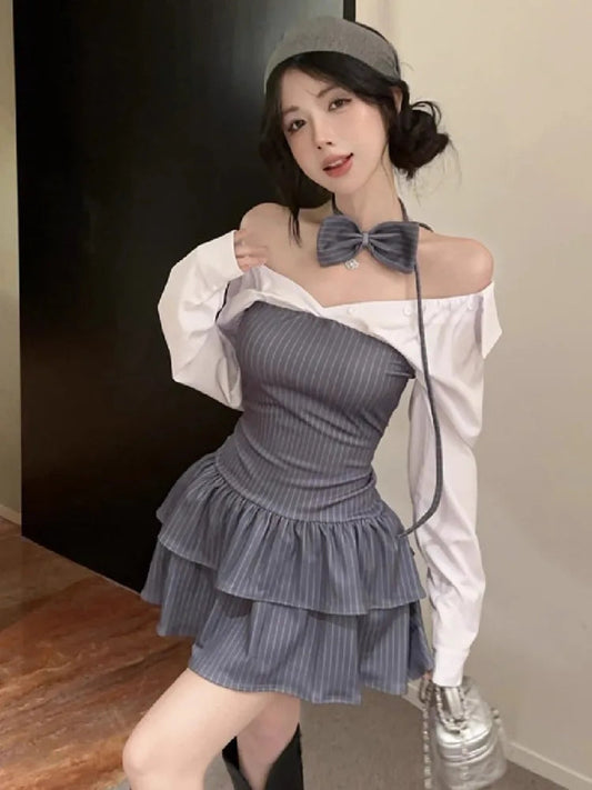 Mini Dresses Patchwork Bow Slim Slash Neck Long Sleeve Patchwork Party Dress