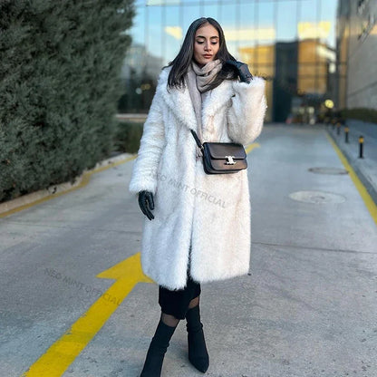 Slouchy Gradient Long Eco Faux Fur Coat Winter Thick Warm Fluffy Fox Fur Jacket Brand Overcoat