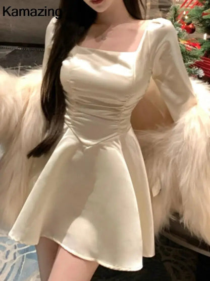 Satin Mini Dress Spring Summer Aline Party Evening Clothes Female Long Sleeve Vestidos New