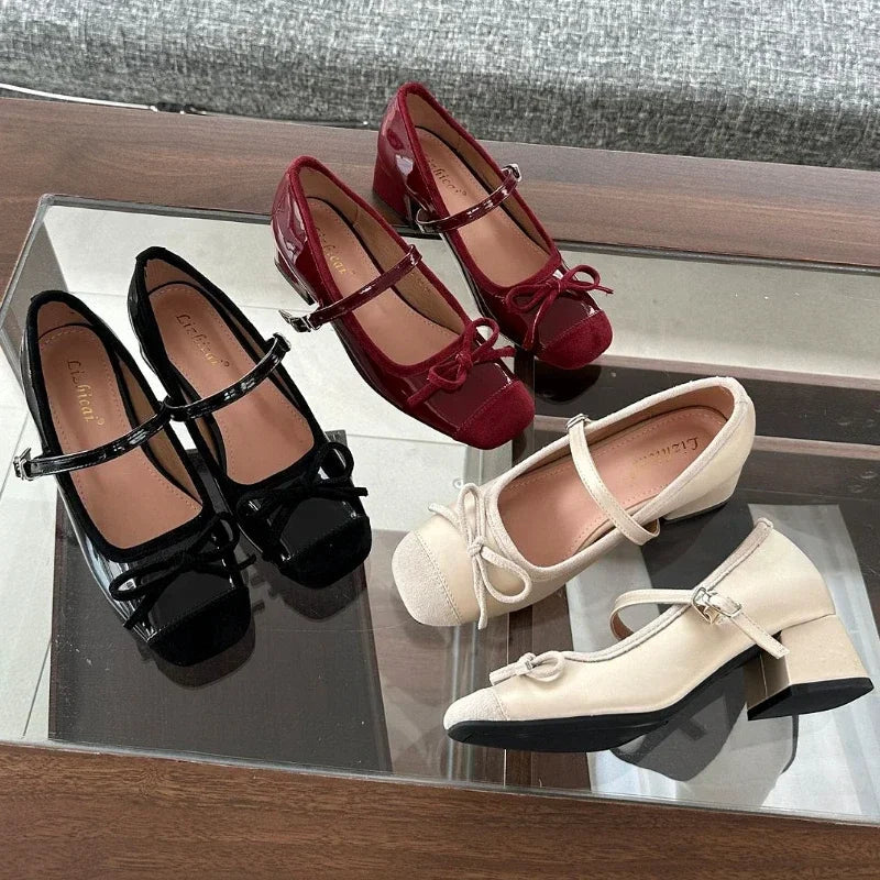 Chunky Mary Jane Shoes New Butterflyknot Ballet Shoes Retro High Heels Dress Shoes Zapatos De Mujer