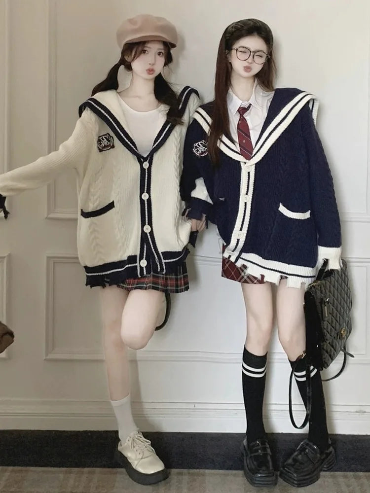 Sailor Collar Knitted Cardigan Oversized Preppy Style Sweaters Coat for Korean Style New