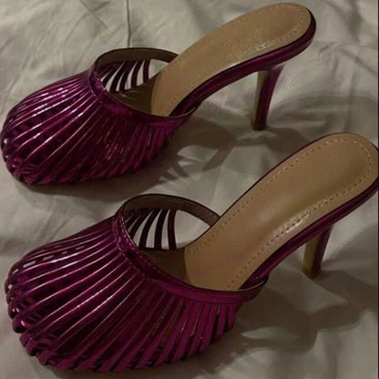 Silver Round Toe Slippers Cut Heels Patent Leather Shoes for Thin High Heels Party Shoes Zapatos Para Mujere