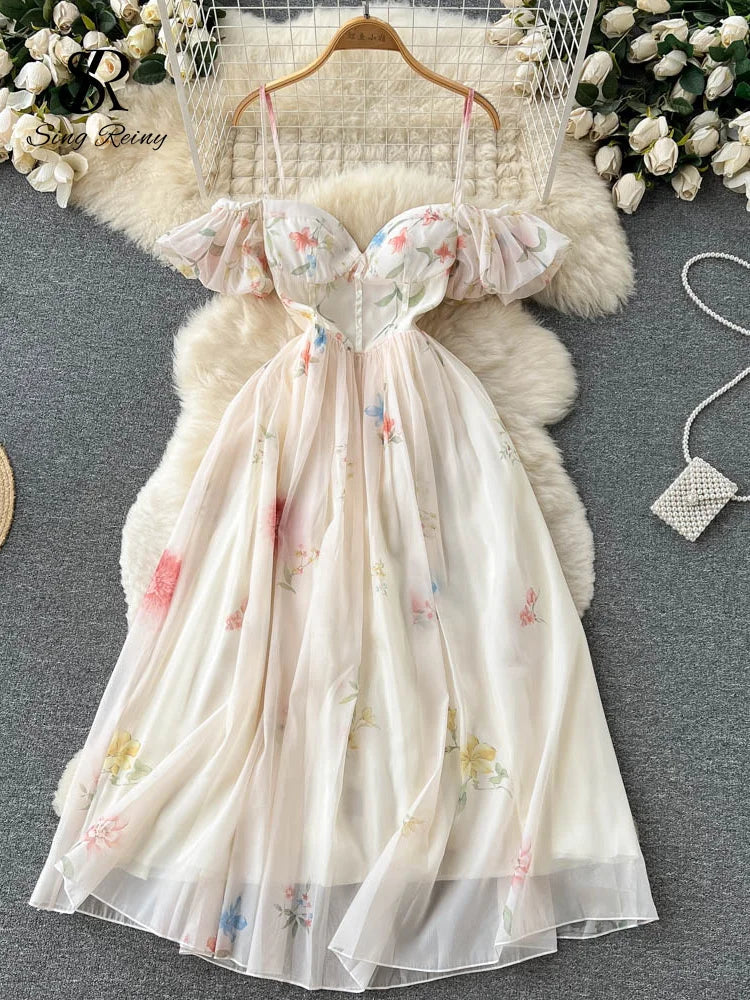 Strap Dress Summer Strapless Corset Maxi Sundress Backless Bow Sweet Print Midi Dresses