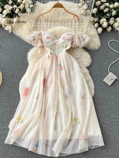 Strap Dress Summer Strapless Corset Maxi Sundress Backless Bow Sweet Print Midi Dresses
