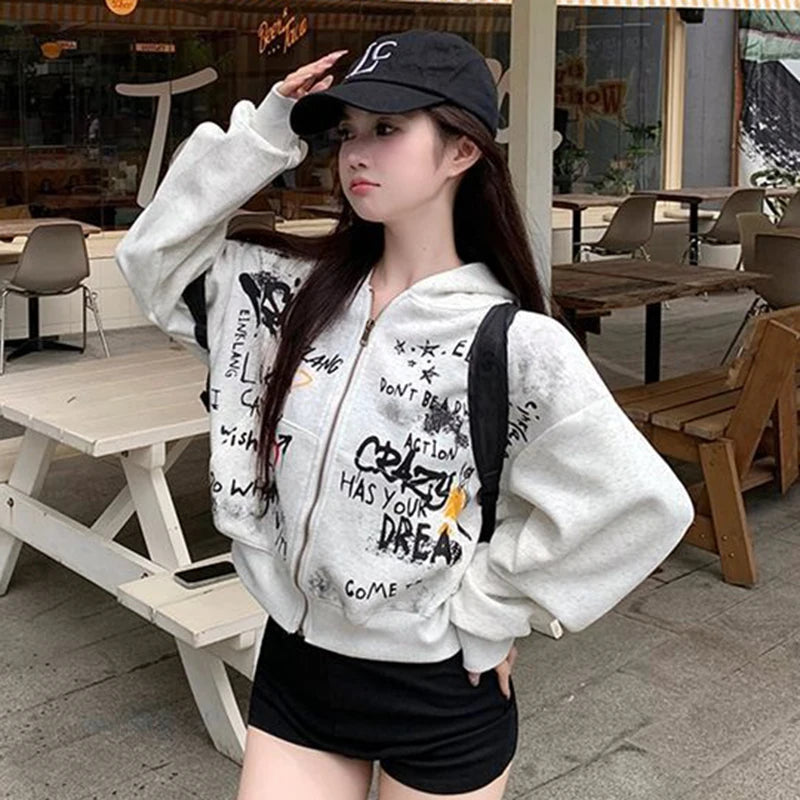 Y2k Hooded Sweatshirt Spring New Letter Print Zipper Jacket American Retro Crop Tops Female Coat