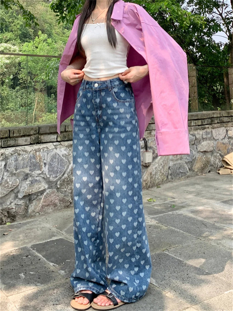 Loose Jeans Hearts Summer Pants Summer Denim High Waist Slim New Wide Leg All Match