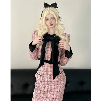 Autumn Winter New Korean Two-piece Skirt Set Crop Jacket Coat Bodycon High Waist Midi Skirt Outfits
