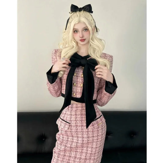 Autumn Winter New Korean Two-piece Skirt Set Crop Jacket Coat Bodycon High Waist Midi Skirt Outfits