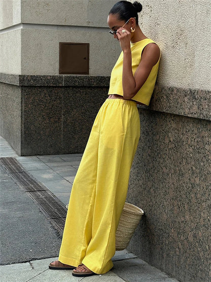 Summer 2 Piece-set ’s Pants Sleeveless Cropped Vest Top and Wide Leg Trousers Sets Female Outfits Trousers