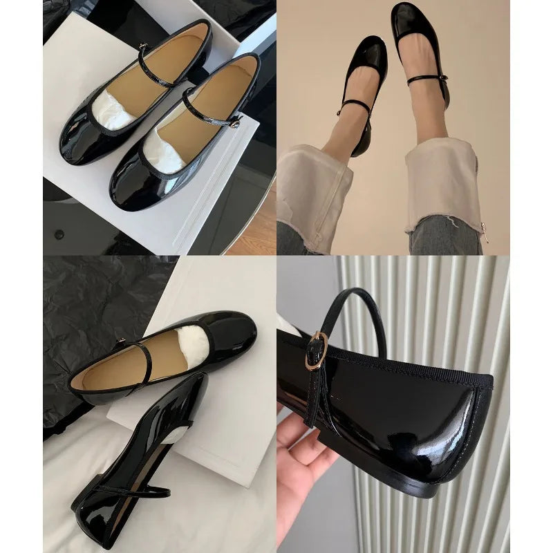 Shiny Pu Leaather Flats Mary Janes Shoes Red Basic Pointed Toe Loafers Spring Autumn Daily Black Shoes New