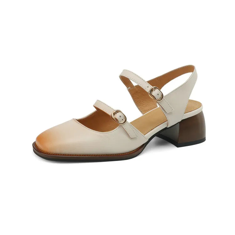Summer Sandals Genuine Leather Shoes for Square Toe Chunky Heel Shoes Cover Toe Slingback Designer Sandals