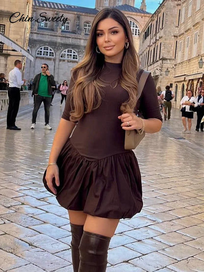 Knitted Patchwork Brown A-line Dress O-neck Short Sleeves Pleated Ruffles Mini Dresses Lady Vestidos