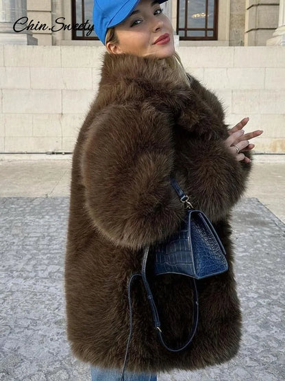 Brown Faux Fur Coats Full Sleeve Lapel Long Warm Jacket Winter Fluffy Thick High Street Outerwear New