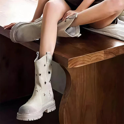 Western Cowgirl Boots Western Chunky Heel Round Toe Platform Star Hollow Retro Cowboy Mid Calf Boots for Shoes
