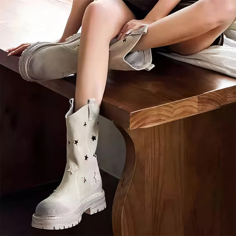 Western Cowgirl Boots Western Chunky Heel Round Toe Platform Star Hollow Retro Cowboy Mid Calf Boots for Shoes