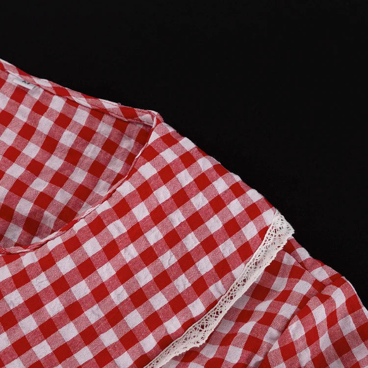 Red Plaid Wide Leg Pants Sets Long Sleeve Lace-up Blouse+elastic Waist Trouser Lace Trim 2 Piece Set New