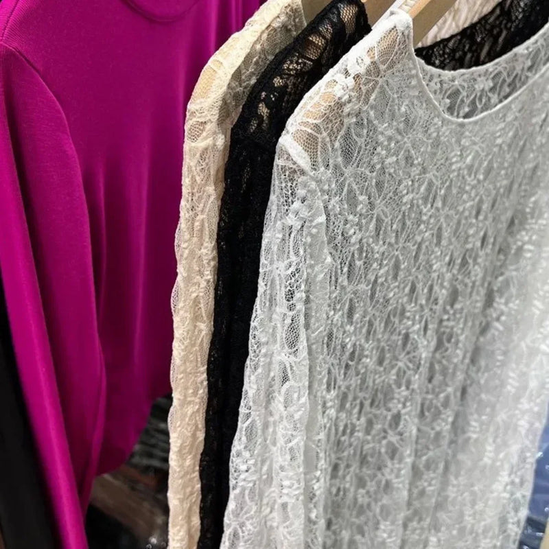Lace Mesh High Collar Bottom T-shirts Female Long Sleeve Autumn Style Tight Thin Tops T-shirts Clothes