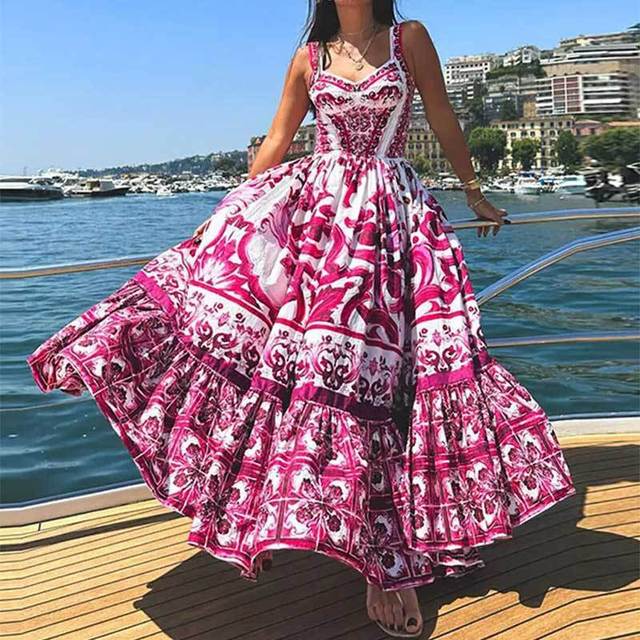 Color Printed Backless Spaghetti Strap Long Dress Sleeveless Vacation Beach Dresses for Female Vestidos