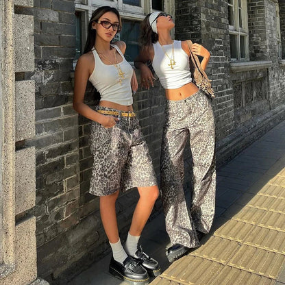 New Leopard Print Retro Straight Long Pants for Loose Slightly Flared Trousers Female Club Party Pants