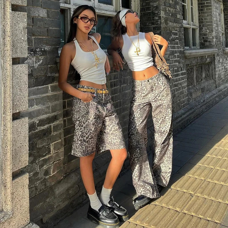 New Leopard Print Retro Straight Long Pants for Loose Slightly Flared Trousers Female Club Party Pants