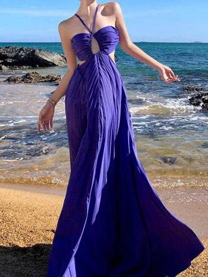 Purple Halter Bandage Long Dresses High Waist Hollowed Out Pleated Evening Party Summer Backless Vacation Sundress