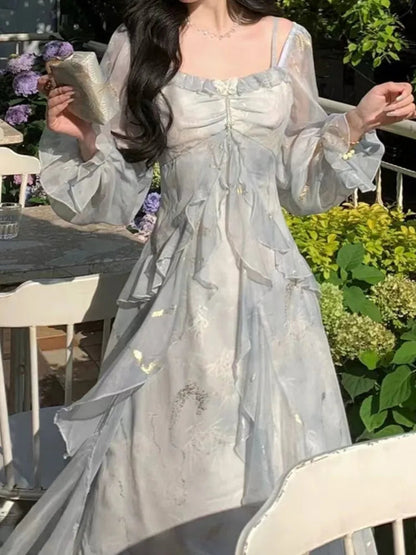 Summer Print Midi Dress Spaghetti Strap Aline Party Birthday Clothes Female Vestidos Long Robe New
