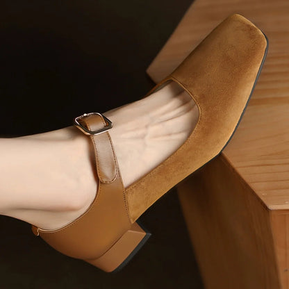 Genuine Leather Patchwork Metal Buckle Slipon Mary Jane Flats Soft Comfortable Retro Shoes