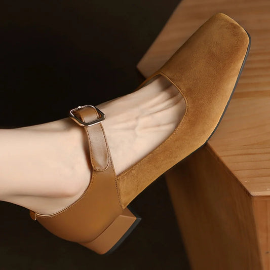 Genuine Leather Patchwork Metal Buckle Slipon Mary Jane Flats Soft Comfortable Retro Shoes