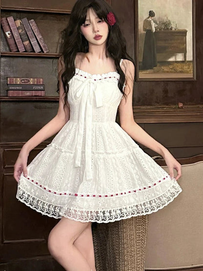 2000s Mini Dress Sweet Lace Hollow Out Sleeveless Dress Summer Birthday Party Strap Dress French