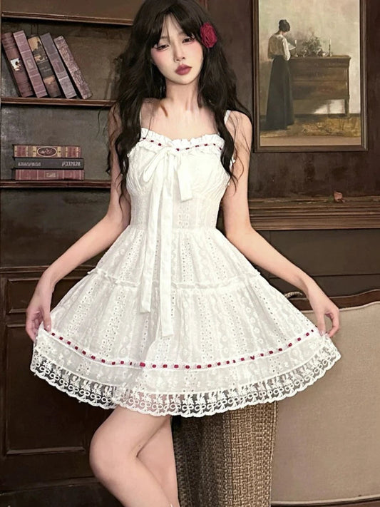 2000s Mini Dress Sweet Lace Hollow Out Sleeveless Dress Summer Birthday Party Strap Dress French