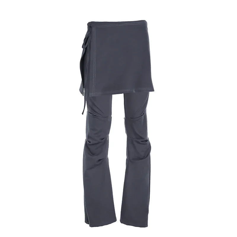 Retro Fake Two Piece Wideleg Pants Spring New High Street Drawstring Laceup Color Trousers