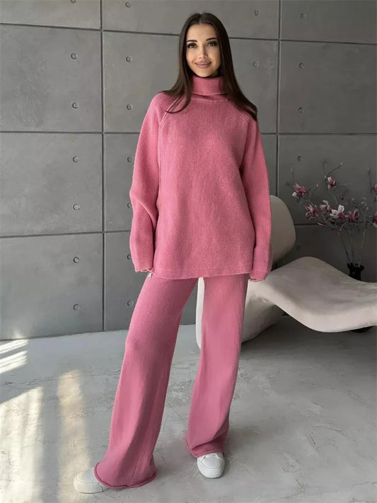 Knit Zipper ’s Pants Sets for Slim Lapel Long Sleeve Pullover and Patchwork Straight Legg 2 Piece-set Winter