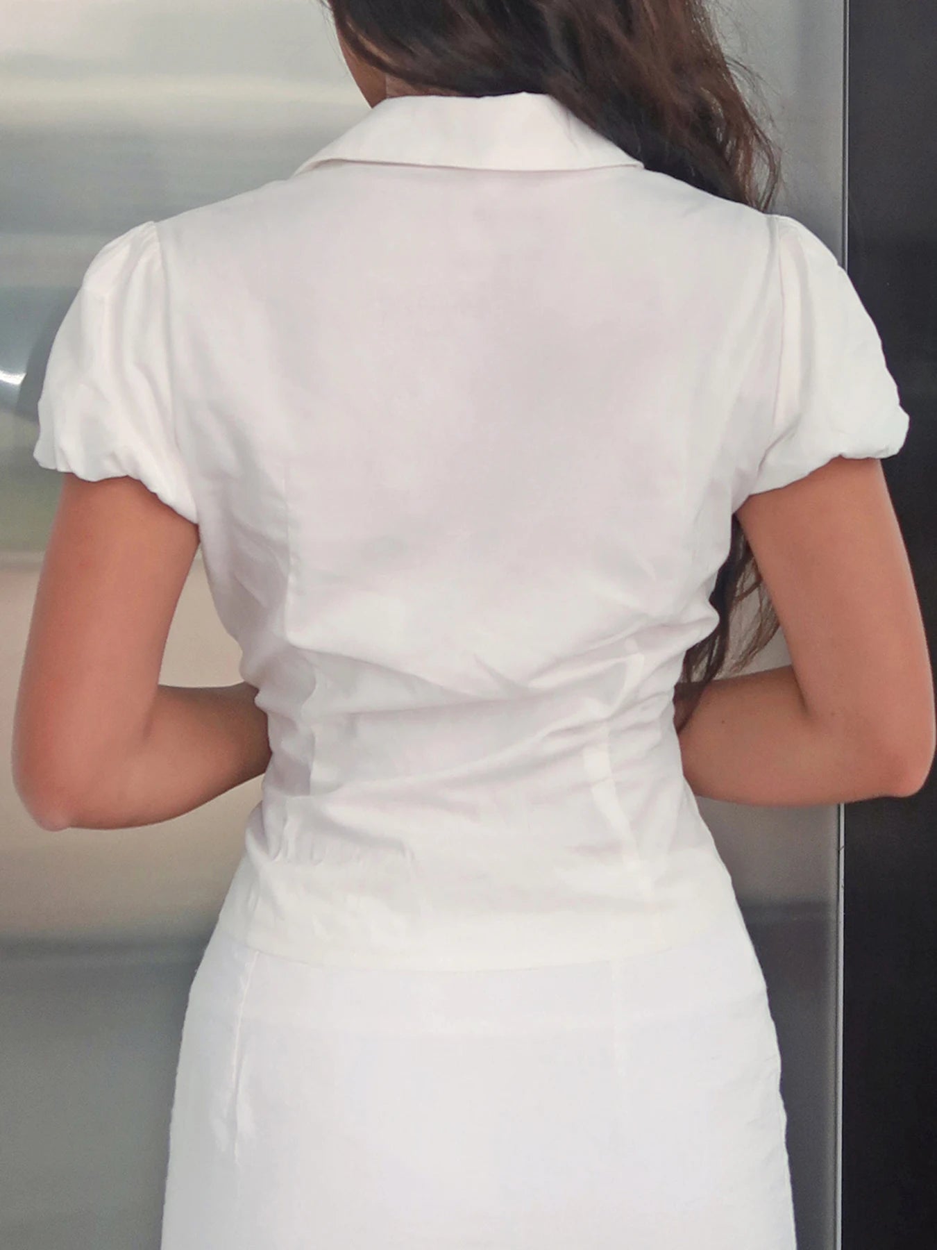V-neck Turn-down Collar Slim Blouse