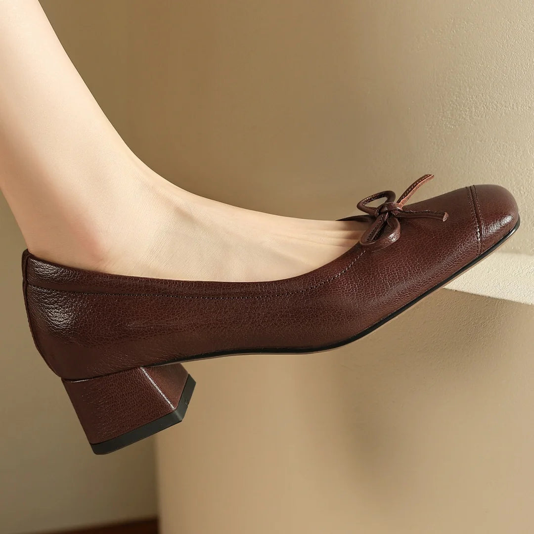 3441 Sheepskin Slipon Pumps 4cm Thick Low Heel Sweet Bowtie Soft Comfort Shoes