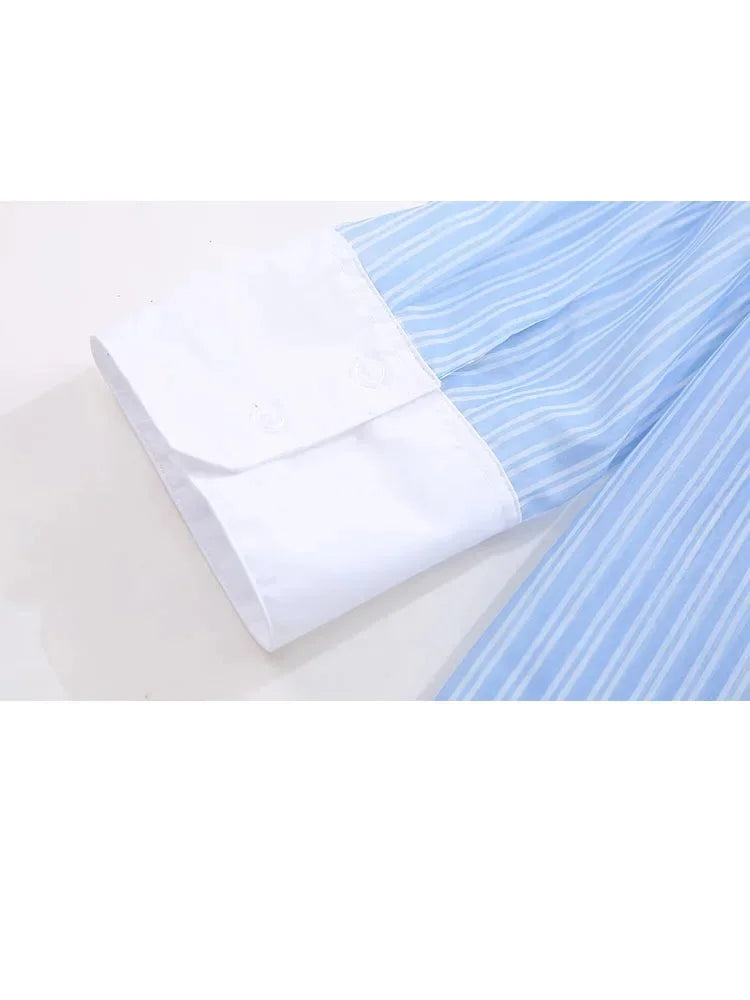 Spring Shirt Woman Blue Striped Lapel Long Sleeve Single Breasted Female Transparent Blouse