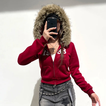Y2k Fur Trim Hooded Sweatshirt Red Letter Print Zipper Coat With Pocket Winter 90s Outwear