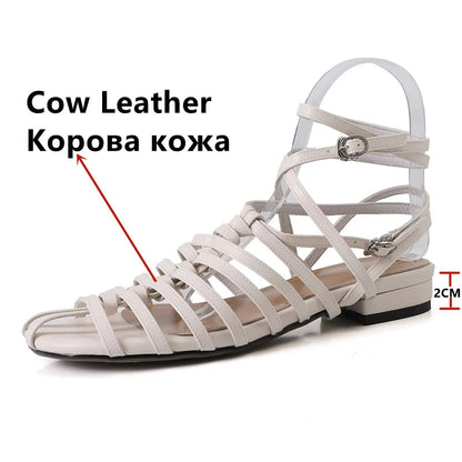 Design Rome Style Sandals Summer Low Heels Narrow Band Party Shoes Woman Genuine Leather Quality