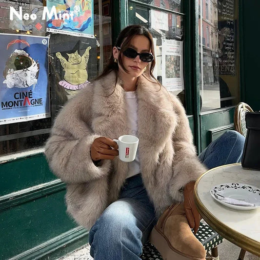 Street Gradient Faux Fur Jacket Winter Brand Fluffy Fox Fur Coat Female Outerwear