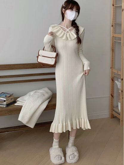 Autumn Knitted Dresses for Ruffles V-neck Bodycon Midi Dress Korean Vestidos Mujer New Knitwear