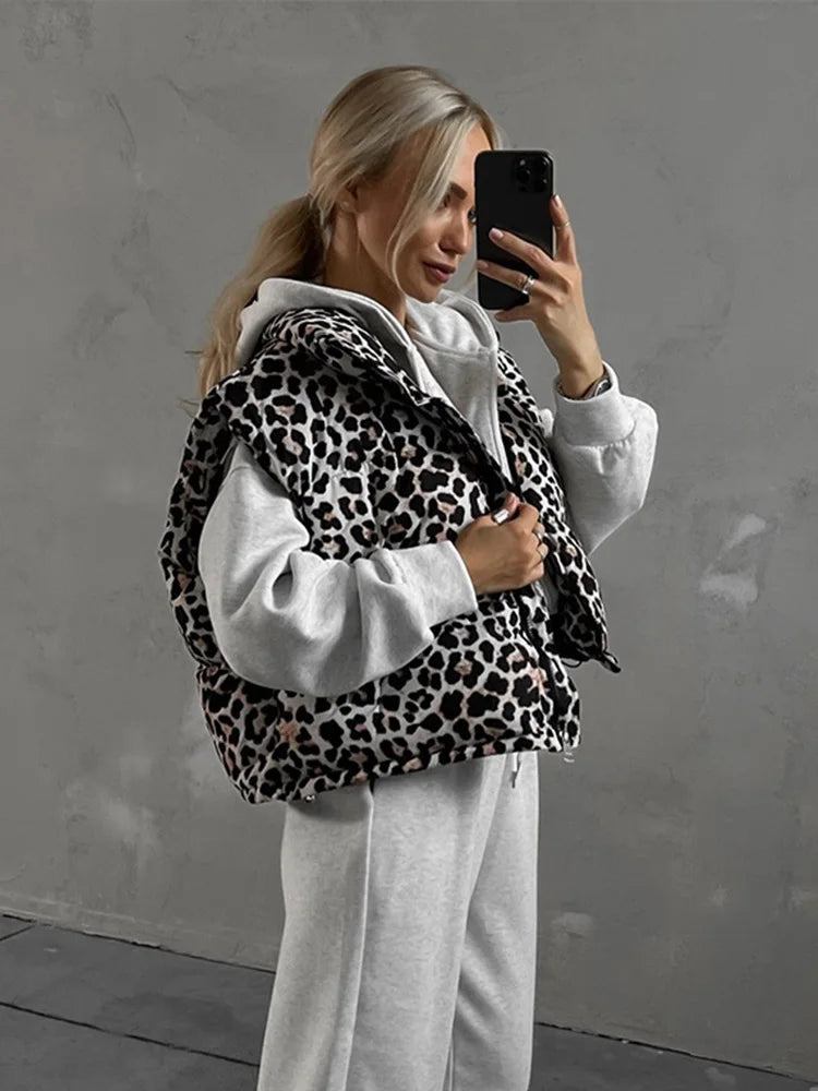 Leopard Zipper Cotton Vests Loose Sleeveless Lapel Short Coats Female Autumn Street Outwear