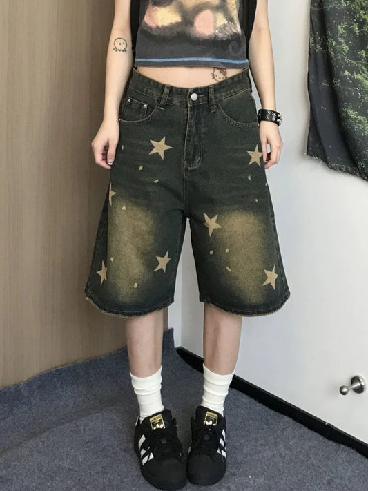 Star Print Denim Jean Shorts Hip Hop Quarter Pants Y2k Oversize Do Old Summer Slouchy Bottoms
