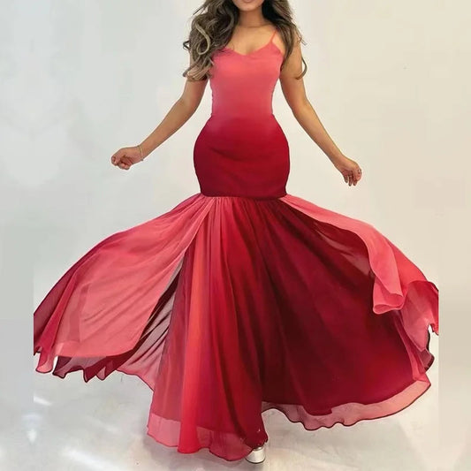 Vneck Spliced Big Ruffle Mermaid Party Dress Spring Gradient Print Slim Long Dress Summer Sleeveless Sling Hip Dress