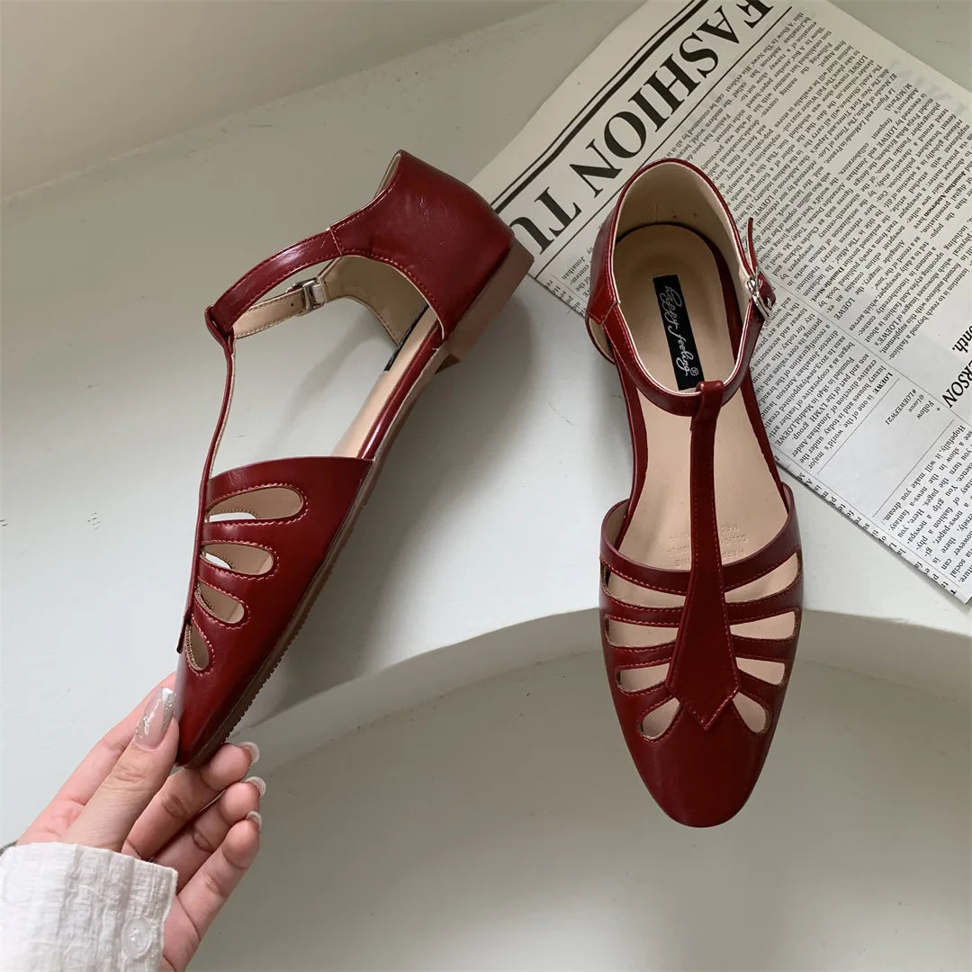 Tstrap Rome Flat Sandals Hollow Out Summer Mary Janes Shoes Pu Leather Holiday Gladiator Sandals