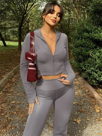 Winter 2 Piece-set Straight Legg Female Zipper Cardigan and High Waist Skinny Tracksuit ’s Pants Outfits