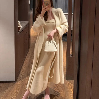 Autumn Winter Warm Knitted 2-piece Dress Set Soft Long Cardigan Strapless Bodycon Split Midi Dress Outfits