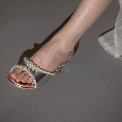 Pearls Edge Open Toe Sandals Block Heels Back Straps Shallow Summer Sandal Dress Party Rubber Sole Shoes