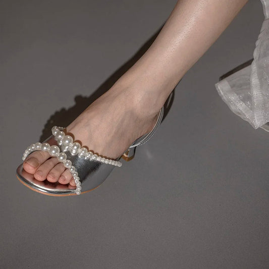 Pearls Edge Open Toe Sandals Block Heels Back Straps Shallow Summer Sandal Dress Party Rubber Sole Shoes